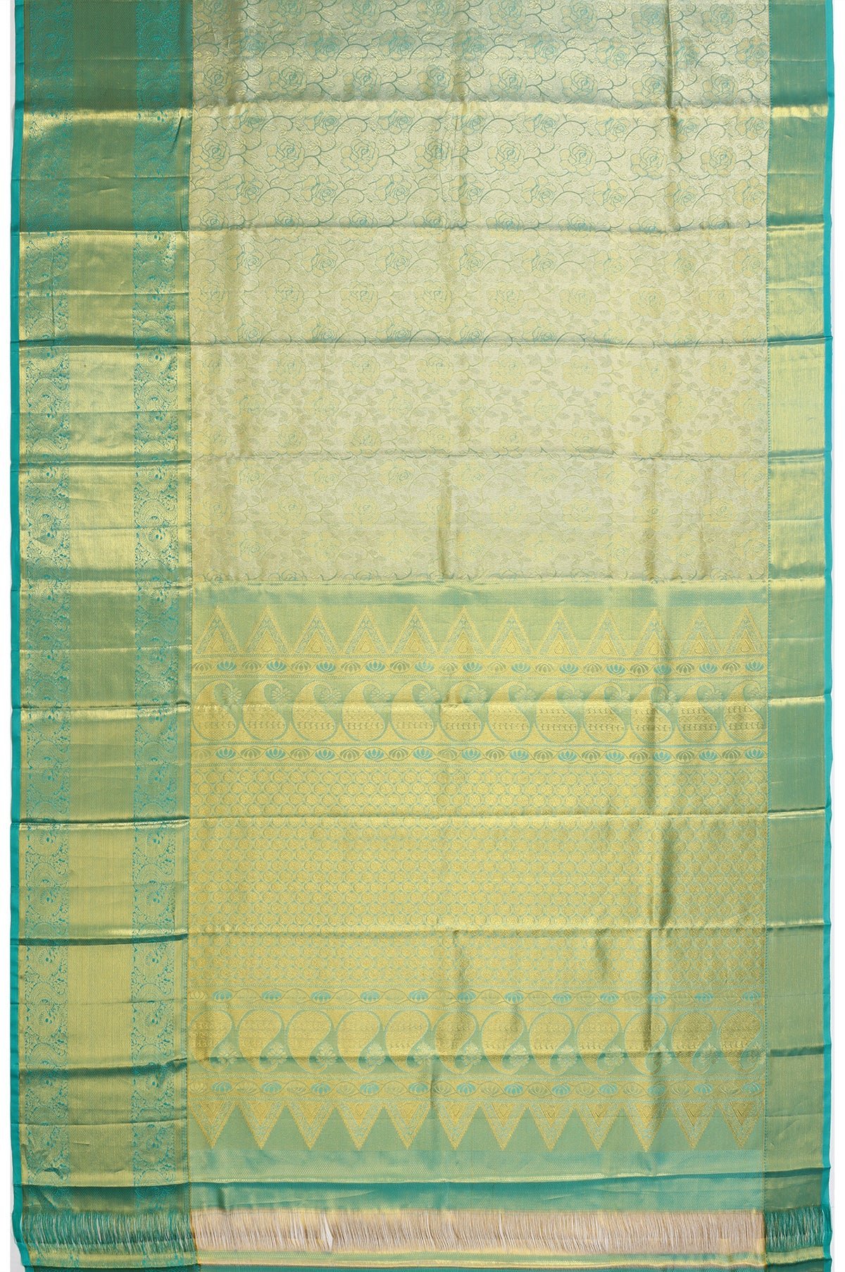 Gold Kanchipuram Silk Saree with Floral Design and Sea Green Border - Image 4