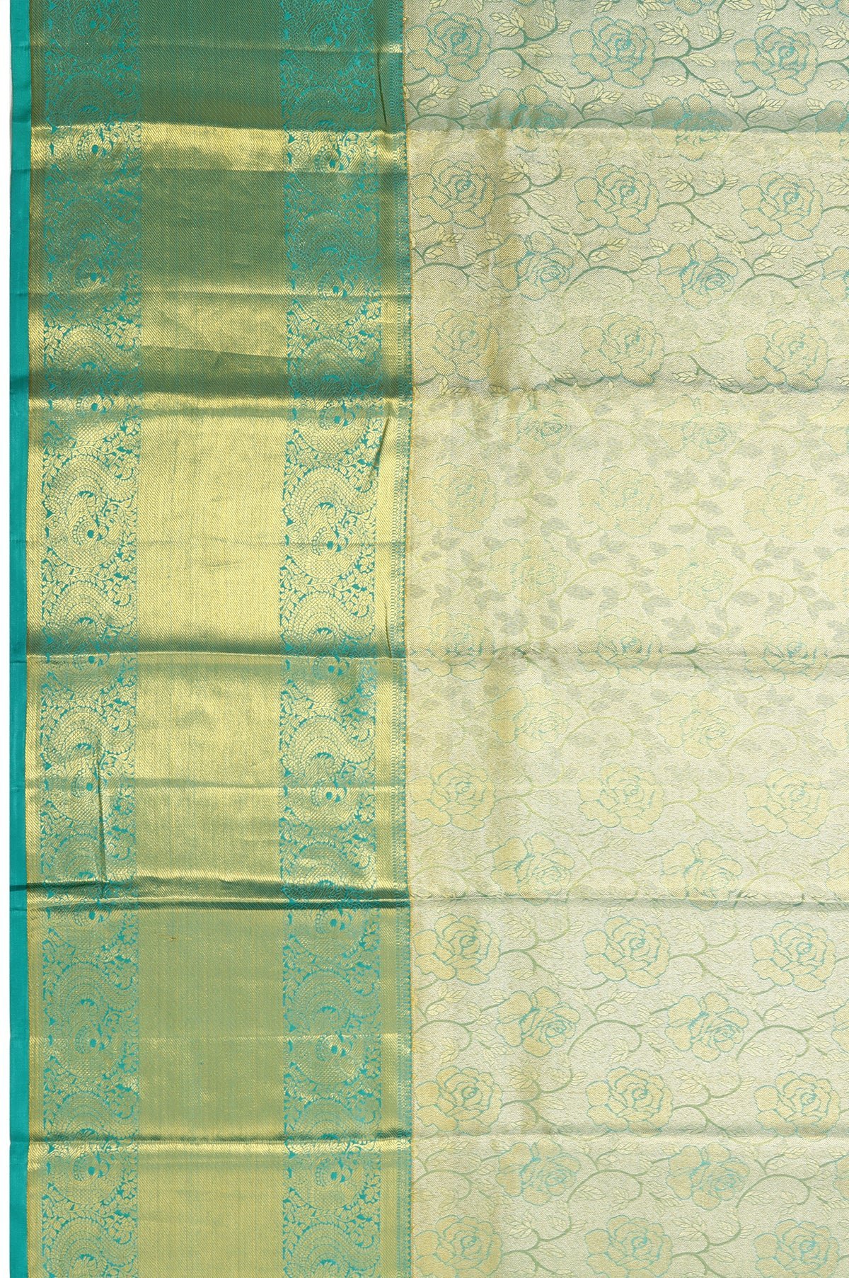 Gold Kanchipuram Silk Saree with Floral Design and Sea Green Border - Image 3