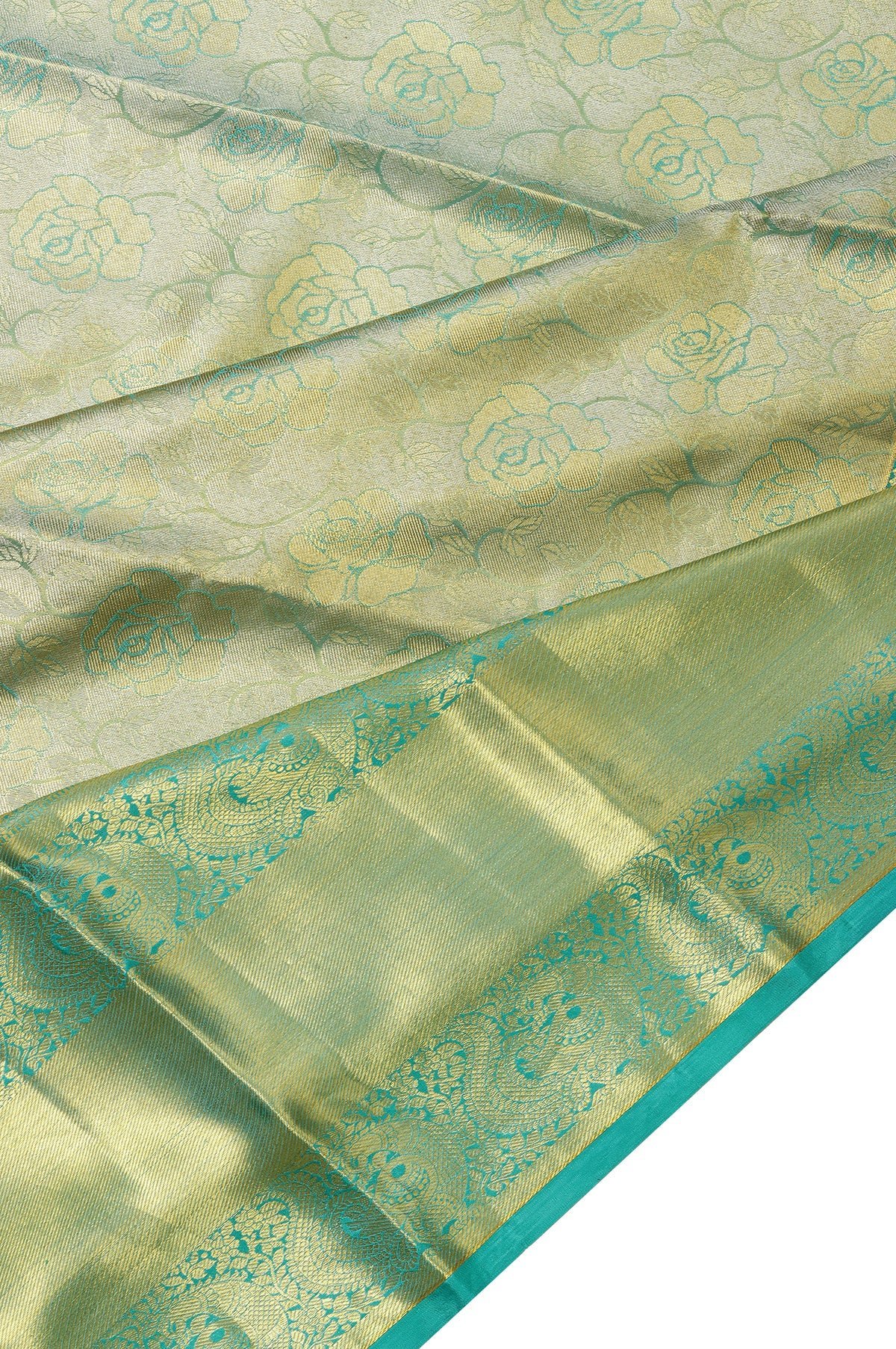 Gold Kanchipuram Silk Saree with Floral Design and Sea Green Border - Image 2