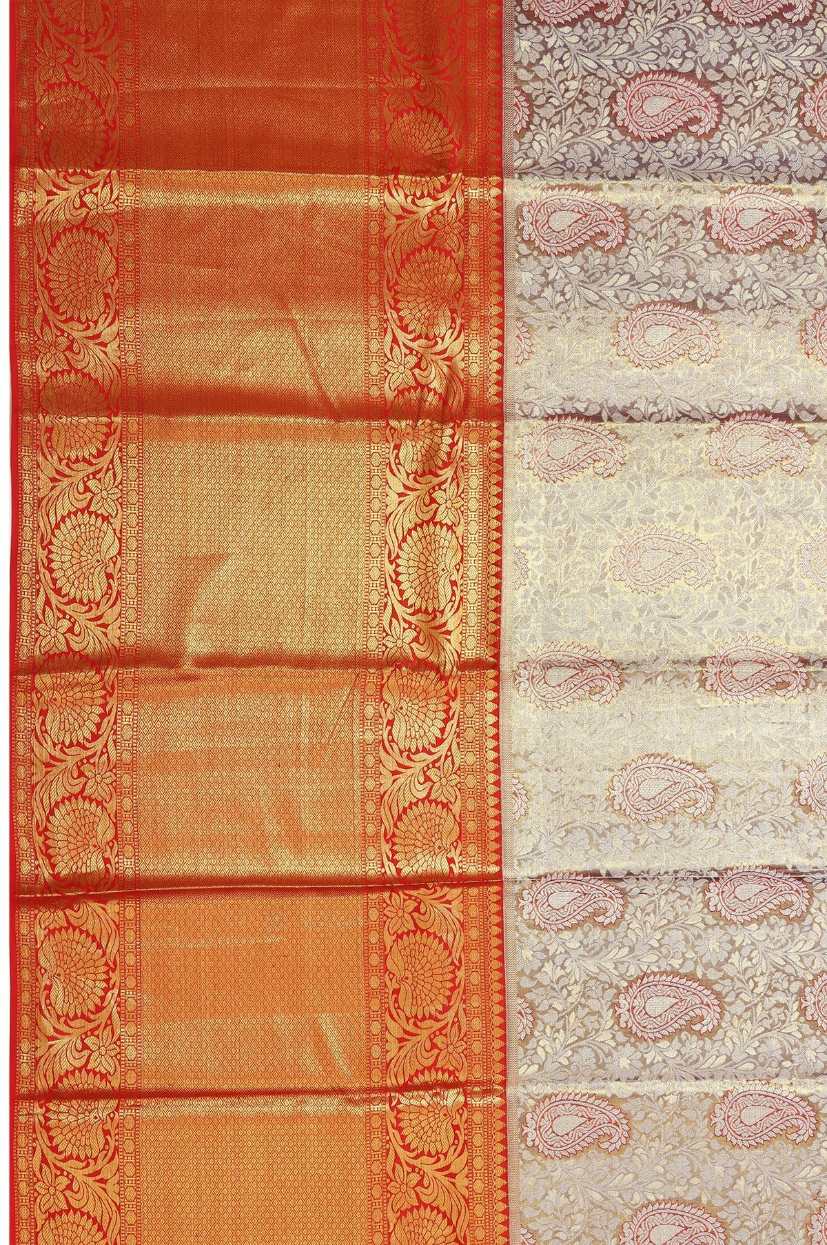 Blue Kanchipuram Silk Saree with Floral Zari and Red Pallu Regular price - Image 3