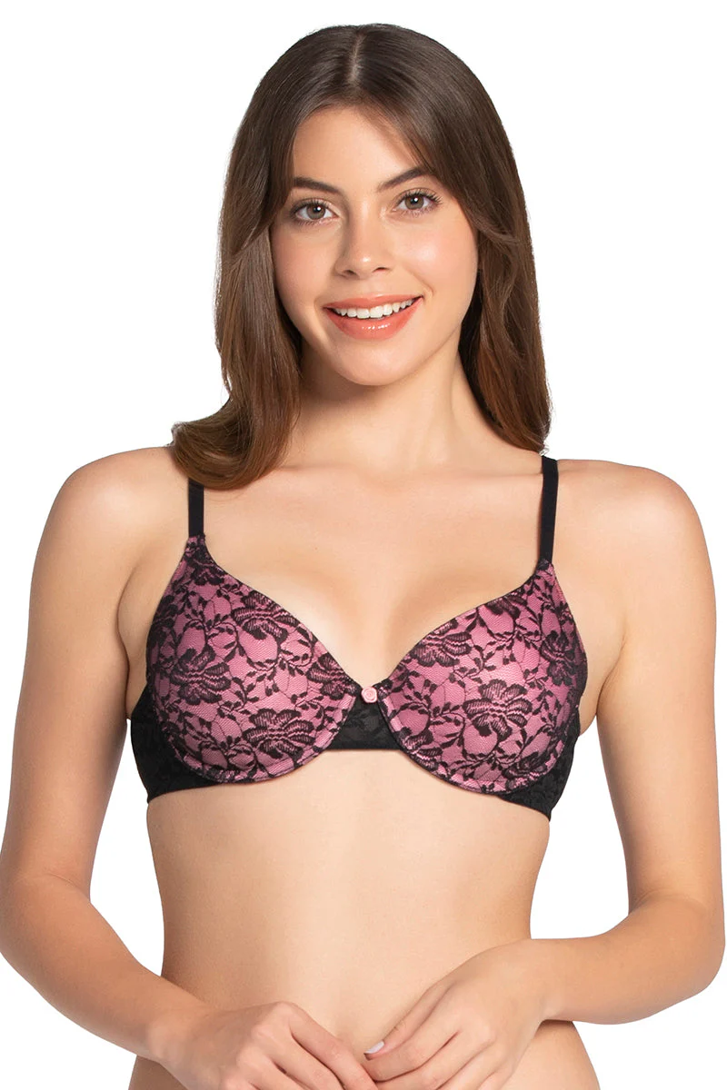 Floral Romance Black-Sea Pink Padded Wired Lace Bra - Image 2
