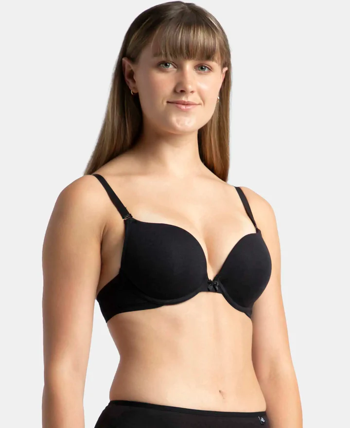Black Padded Wired Super Combed Cotton Elastane Stretch Medium Coverage Pushup Bra - Image 4