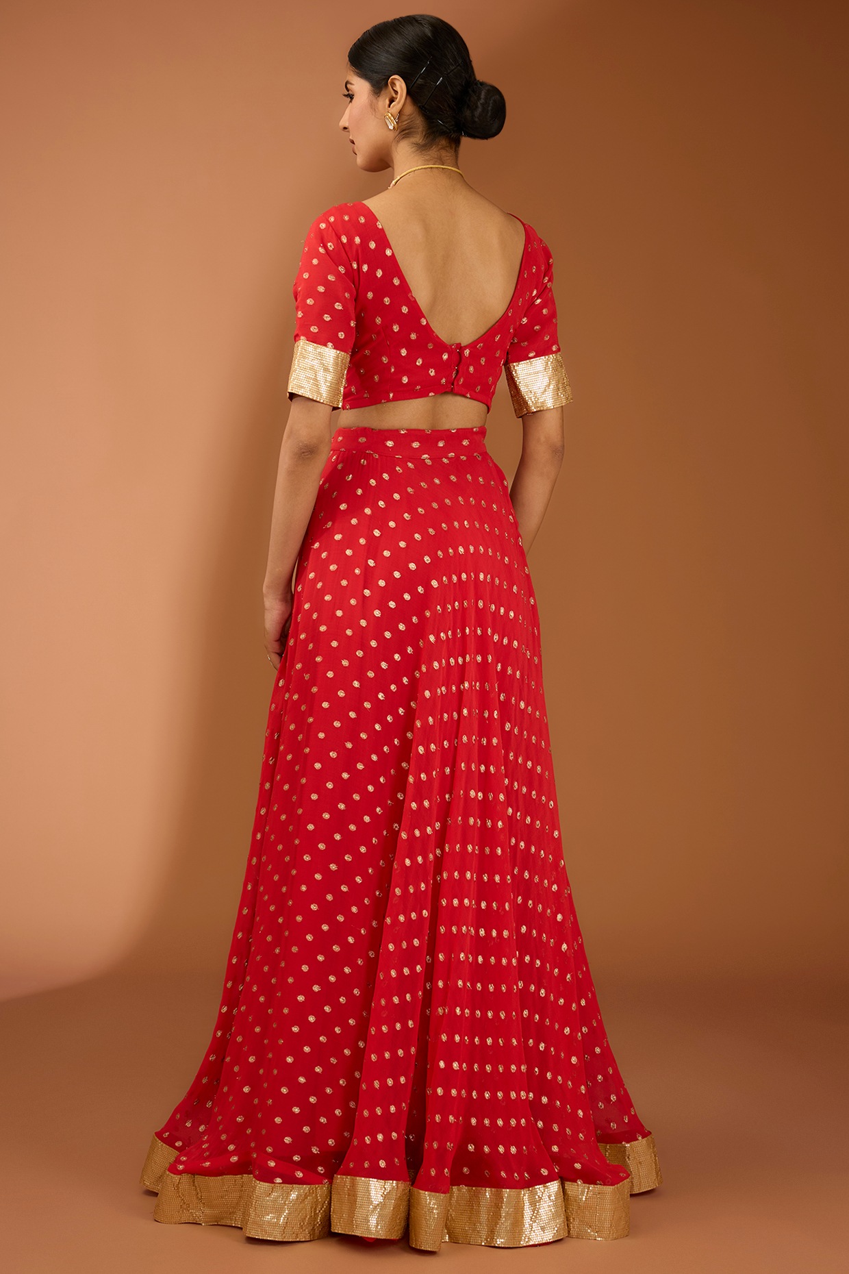 Red Georgette Lace Work Lehenga Set - Image 3