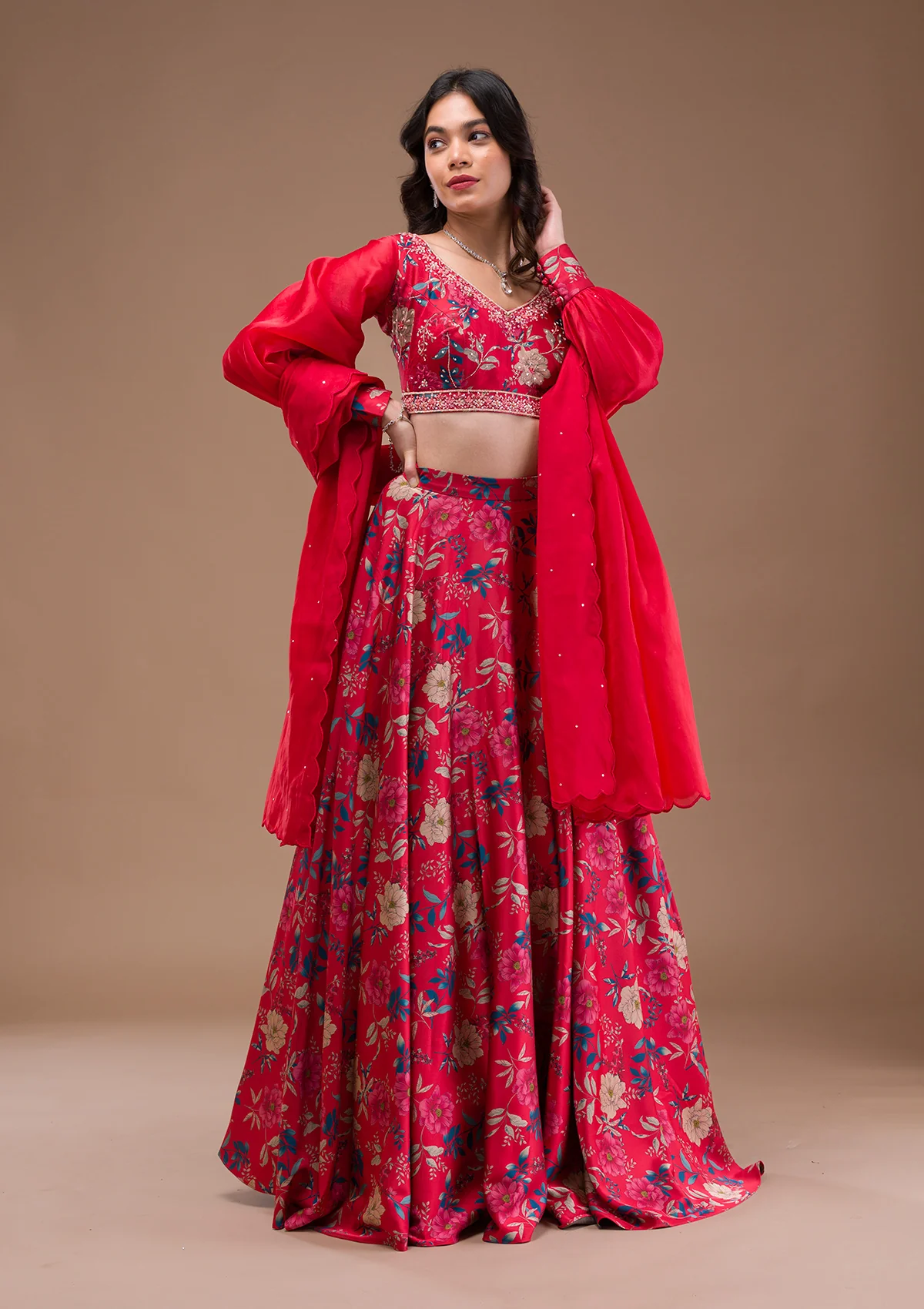 Red Print Satin Readymade Lehenga - Image 6
