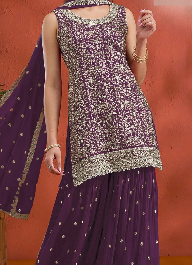 Red Georgette Embroidered Sequin Palazzo Set Festive Wear - Image 6
